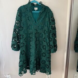 Tuckernuck Kenzo Green Floral Eyelet Lace Mini Dress XXXL Puff Sleeve V-Neck
